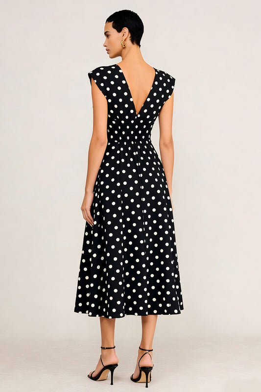 Black and White Polka Dots V-Neck A Line Midi Work Dress