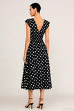 Black and White Polka Dots V-Neck A Line Midi Work Dress