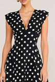 Black and White Polka Dots V-Neck A Line Midi Work Dress