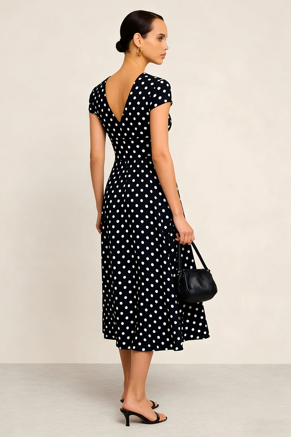 Black and White Polka Dots V-Neck Short Sleeves Work Dress
