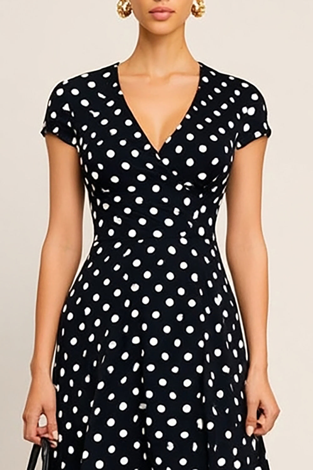 Black and White Polka Dots V-Neck Short Sleeves Work Dress