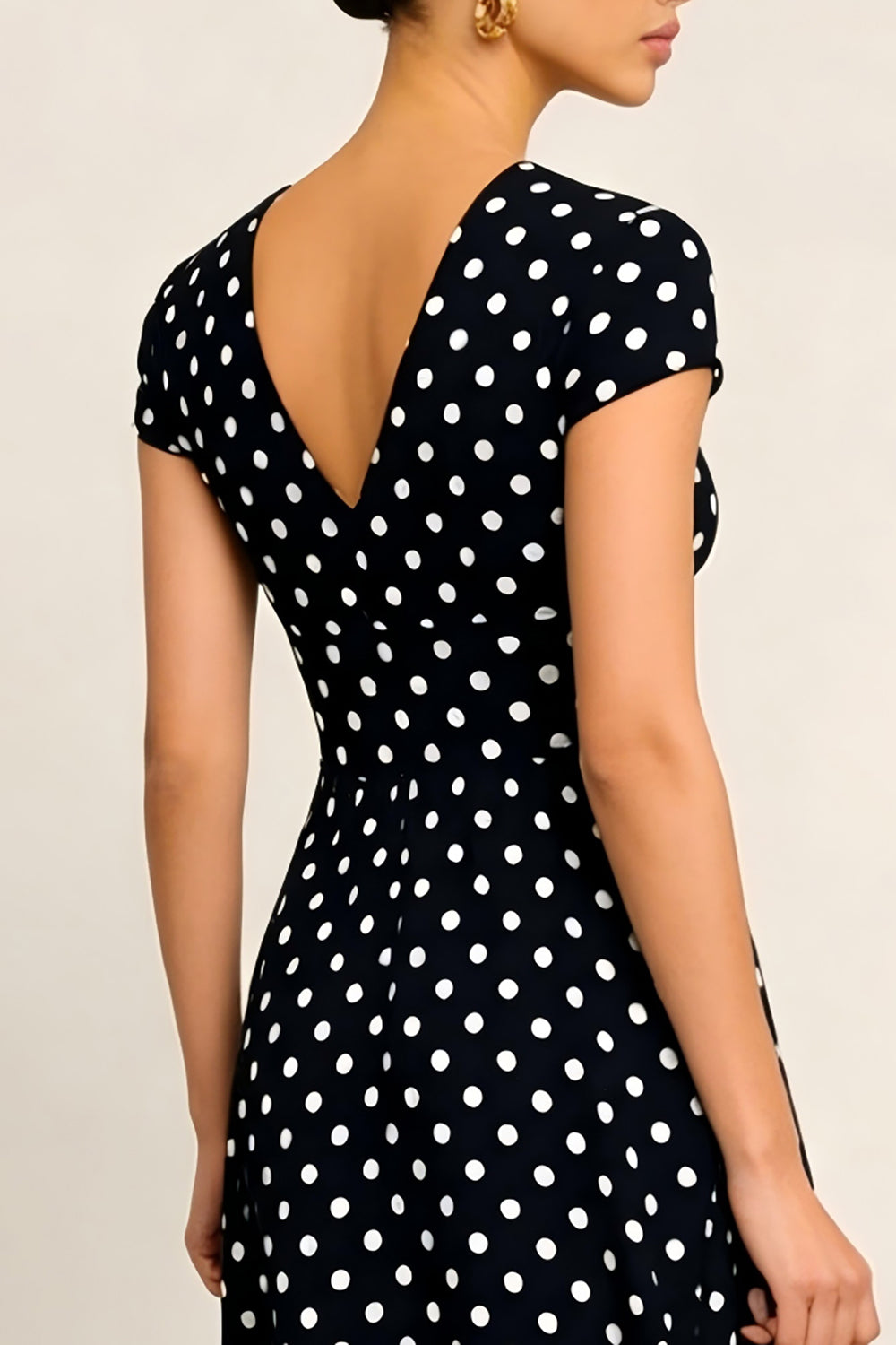 Black and White Polka Dots V-Neck Short Sleeves Work Dress