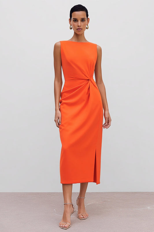 Orange Bateau Neck Ruched Pencil Midi Work Dress with Slit