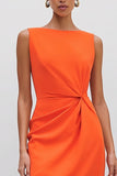 Orange Bateau Neck Ruched Pencil Midi Work Dress with Slit