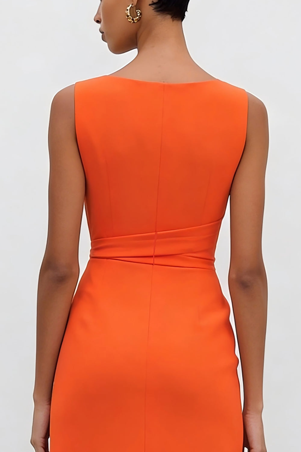 Orange Bateau Neck Ruched Pencil Midi Work Dress with Slit