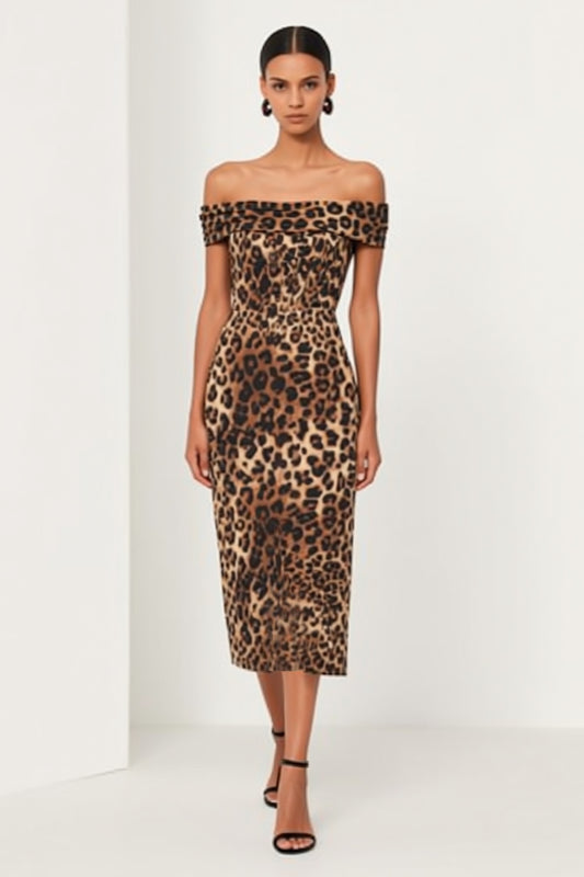 Brown Leopard Print Off the Shoulder Pencil Midi Work Dress with Slit