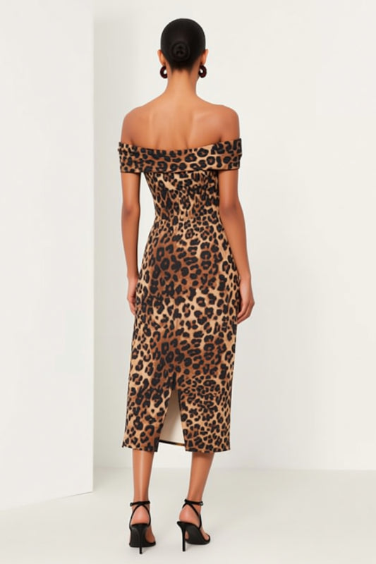Brown Leopard Print Off the Shoulder Pencil Midi Work Dress with Slit