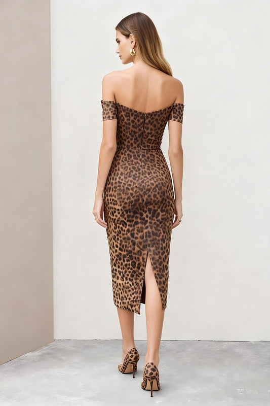 Brown Off the Shoulder Leopard Print Pencil Midi Work Dress with Slit