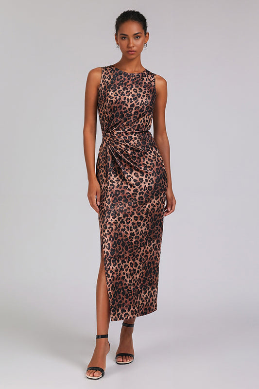 Brown Leopard Print Crew Neck Pencil Long Work Dress with Slit
