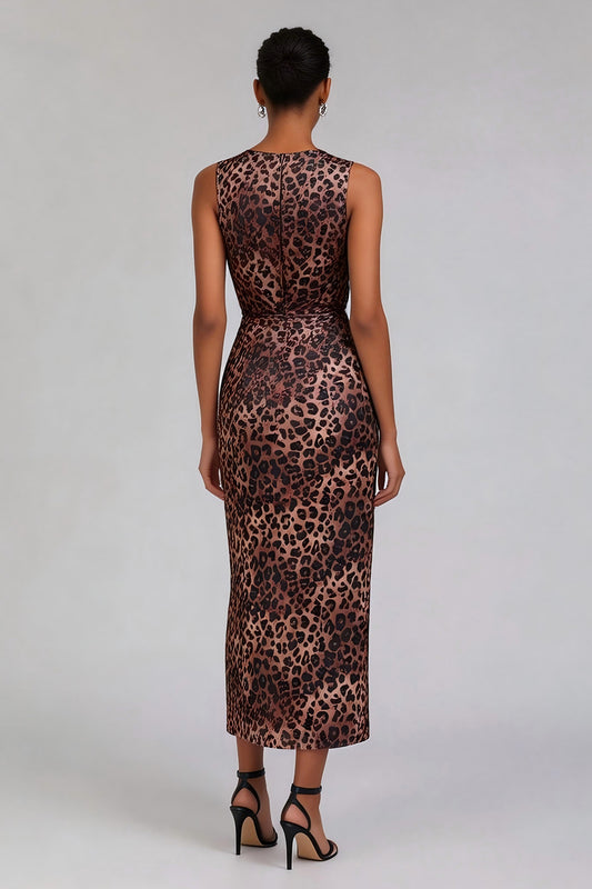 Brown Leopard Print Crew Neck Pencil Long Work Dress with Slit