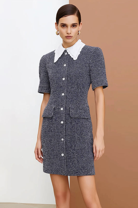 Dark Grey Tweed Single Breasted Short Work Dress with Sleeves