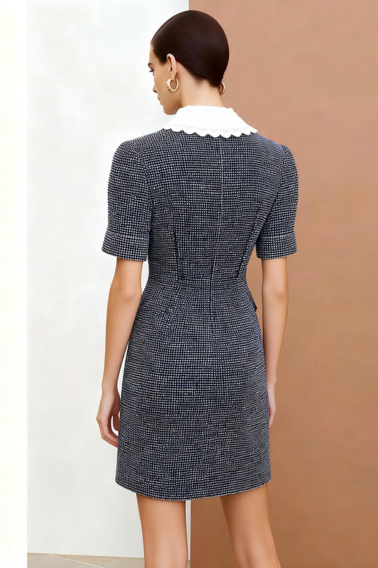 Dark Grey Tweed Single Breasted Short Work Dress with Sleeves