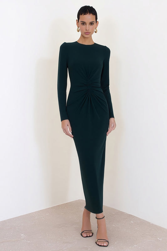 Dark Green Crew Neck Pencil Long Work Dress with Sleeves