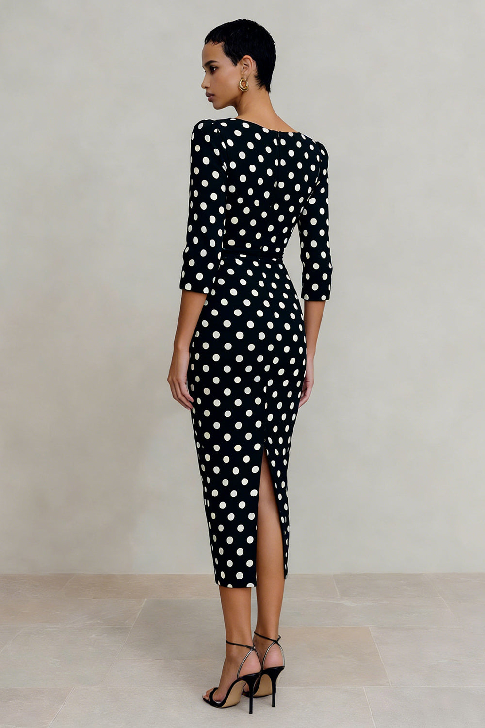 Black and White Polka Dots Bateau Neck 3/4 Sleeves Work Dress