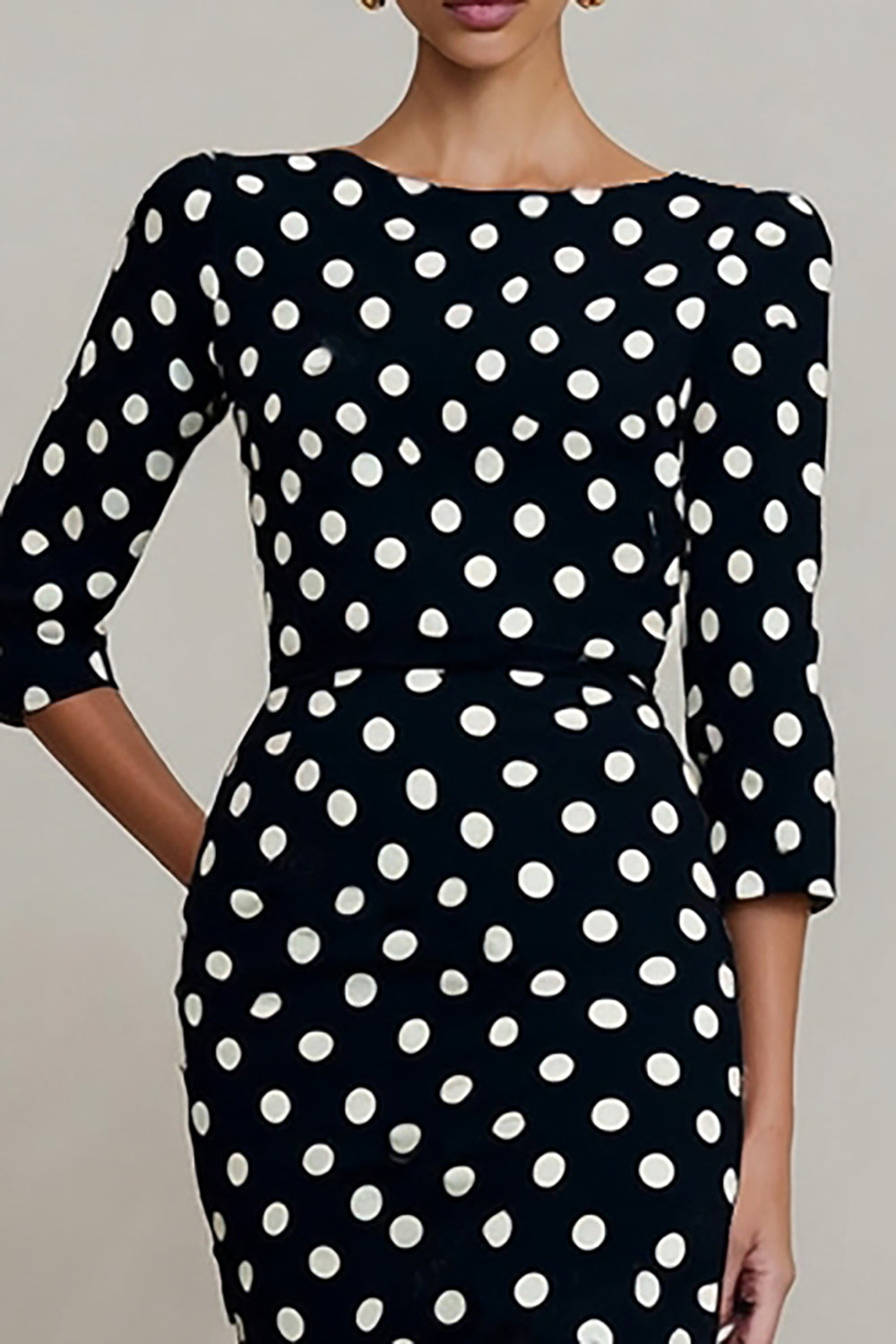 Black and White Polka Dots Bateau Neck 3/4 Sleeves Work Dress