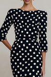 Black and White Polka Dots Bateau Neck 3/4 Sleeves Work Dress