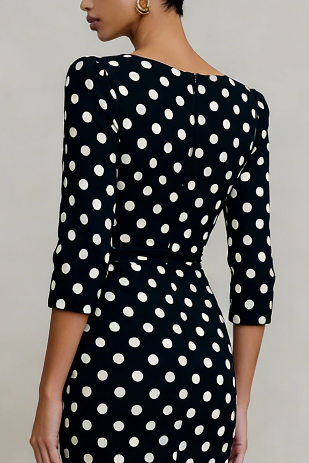 Black and White Polka Dots Bateau Neck 3/4 Sleeves Work Dress