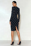 Black and White Polka Dots Pencil Midi Work Dress with Sleeves