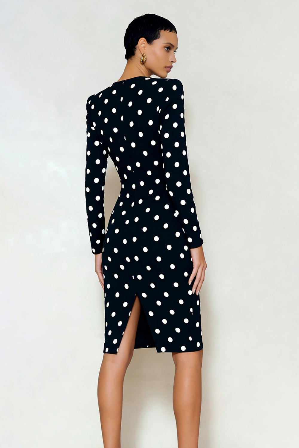 Black and White Polka Dots Pencil Midi Work Dress with Sleeves