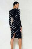 Black and White Polka Dots Pencil Midi Work Dress with Sleeves