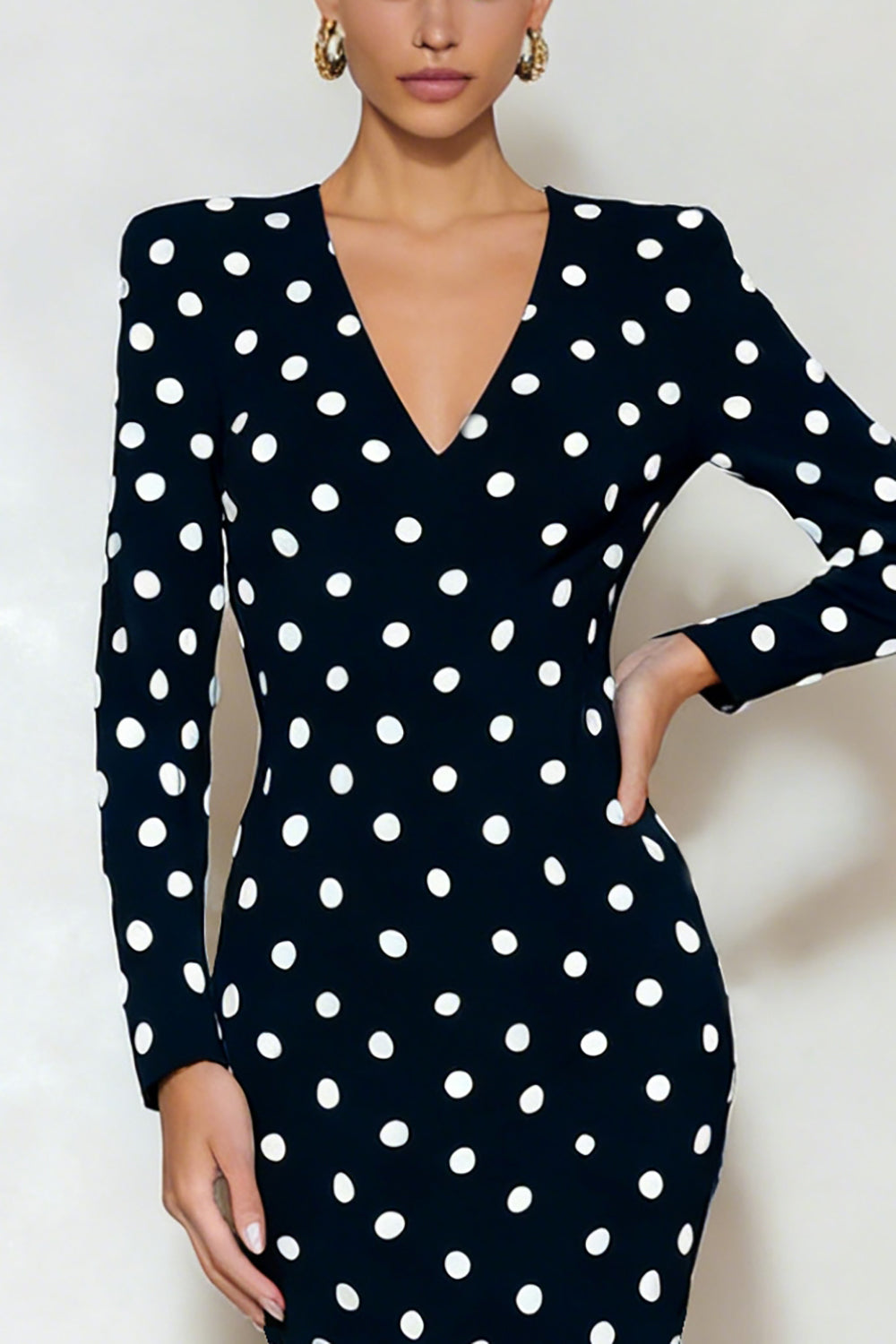 Black and White Polka Dots Pencil Midi Work Dress with Sleeves