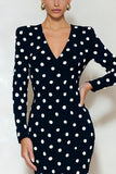 Black and White Polka Dots Pencil Midi Work Dress with Sleeves