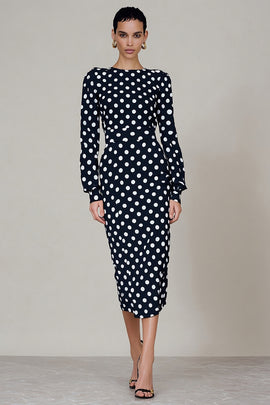 Black and White Polka Dots Crew Neck Midi Work Dress with Sleeves
