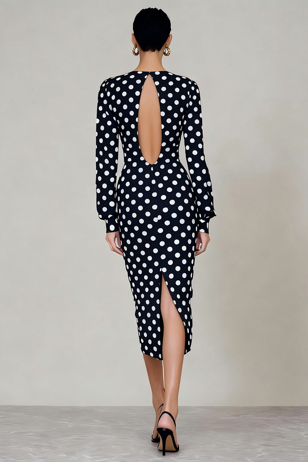 Black and White Polka Dots Crew Neck Midi Work Dress with Sleeves