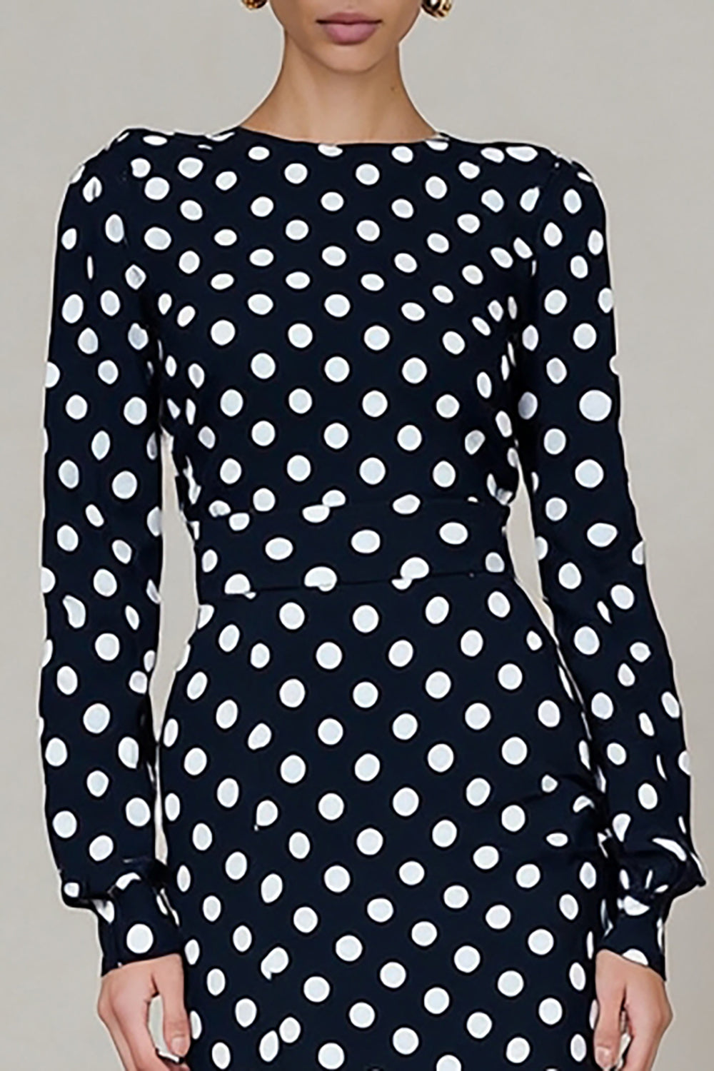 Black and White Polka Dots Crew Neck Midi Work Dress with Sleeves