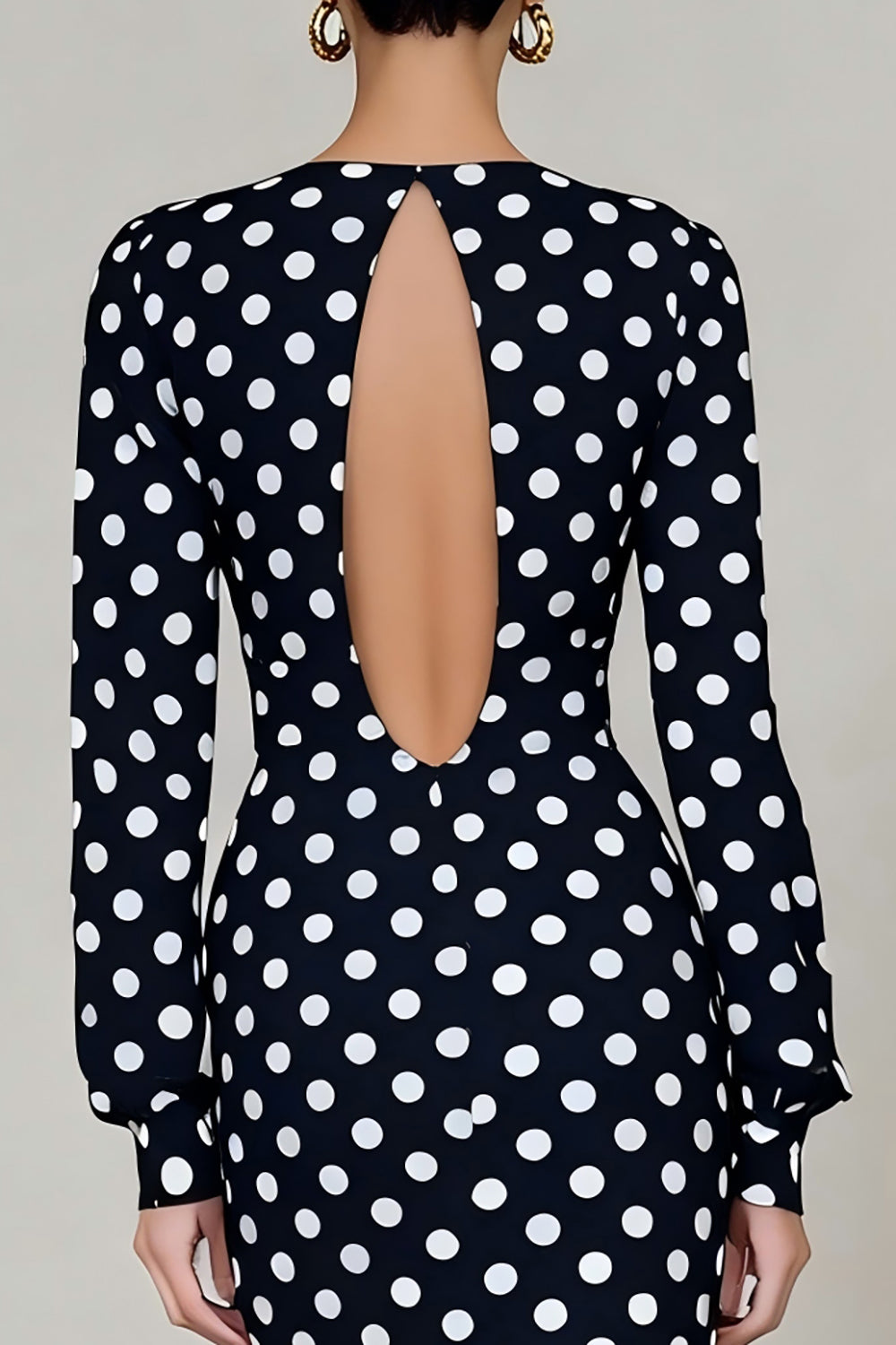 Black and White Polka Dots Crew Neck Midi Work Dress with Sleeves