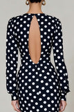 Black and White Polka Dots Crew Neck Midi Work Dress with Sleeves
