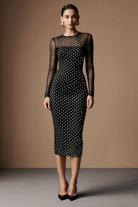 Black and White Polka Dots Crew Neck Pencil Midi Work Dress with Sleeves