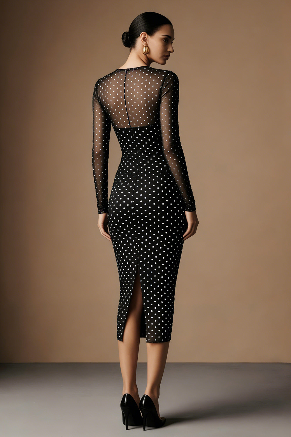 Black and White Polka Dots Crew Neck Pencil Midi Work Dress with Sleeves
