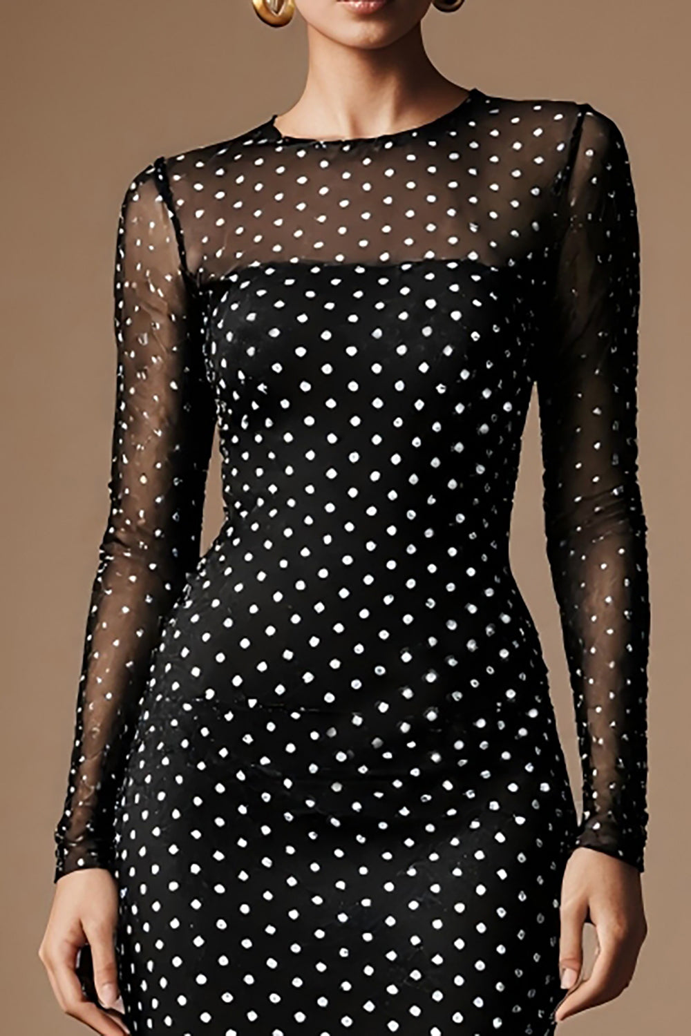 Black and White Polka Dots Crew Neck Pencil Midi Work Dress with Sleeves