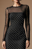 Black and White Polka Dots Crew Neck Pencil Midi Work Dress with Sleeves