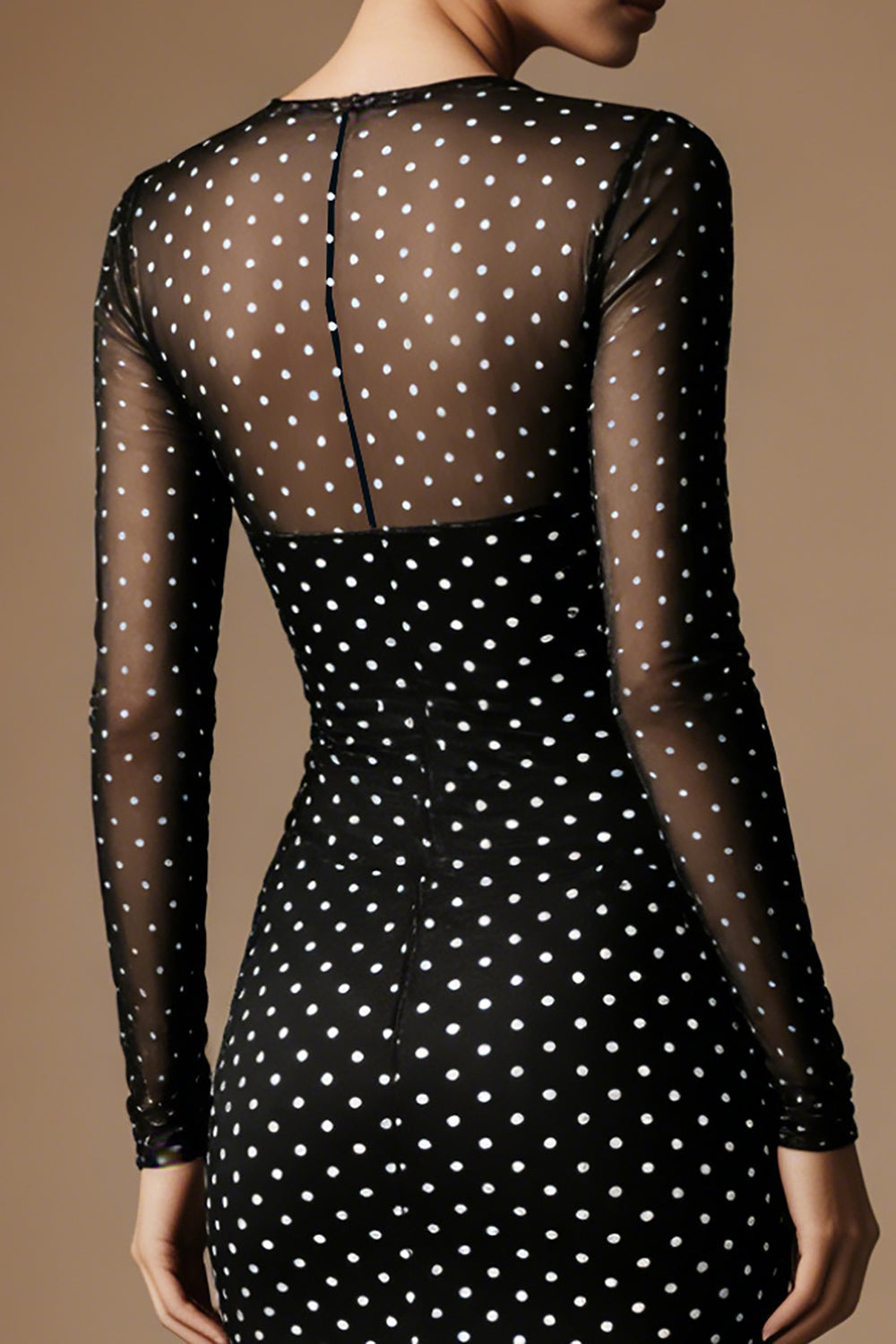 Black and White Polka Dots Crew Neck Pencil Midi Work Dress with Sleeves