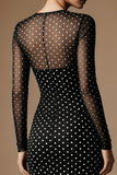 Black and White Polka Dots Crew Neck Pencil Midi Work Dress with Sleeves