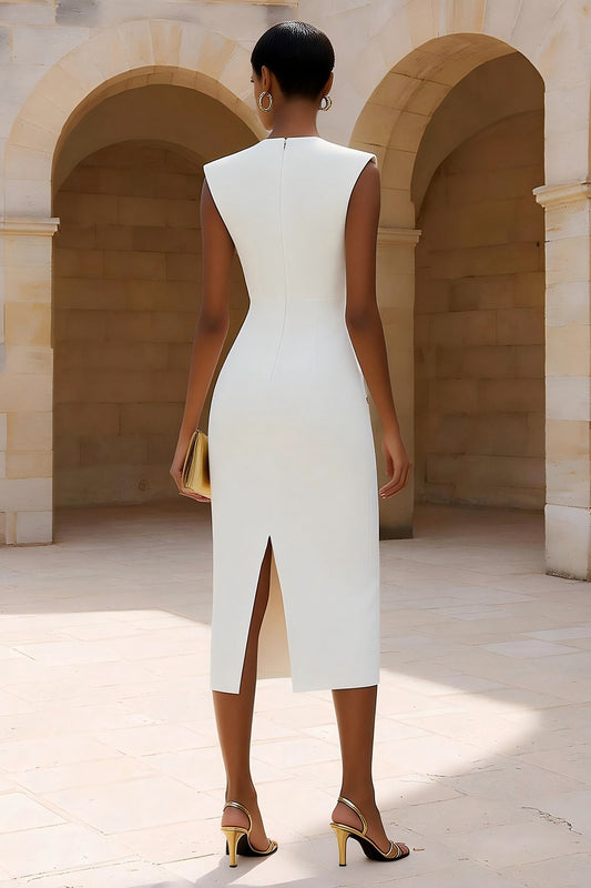 Ivory Crew Neck Pencil Midi Work Dress with Slit