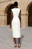 Ivory Crew Neck Double Breasted Pencil Midi Work Dress with Slit