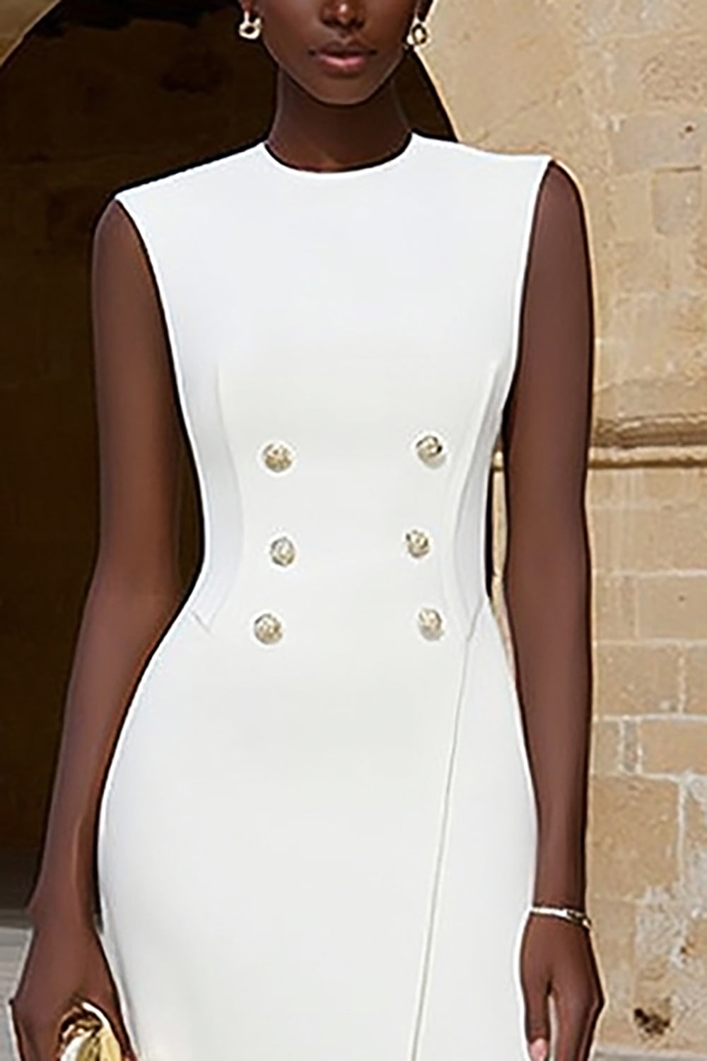 Ivory Crew Neck Double Breasted Pencil Midi Work Dress with Slit