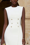 Ivory Crew Neck Double Breasted Pencil Midi Work Dress with Slit