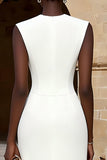 Ivory Crew Neck Double Breasted Pencil Midi Work Dress with Slit