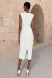 Ivory Crew Neck Pencil Midi Work Dress with Buttons