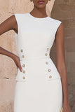 Ivory Crew Neck Pencil Midi Work Dress with Buttons