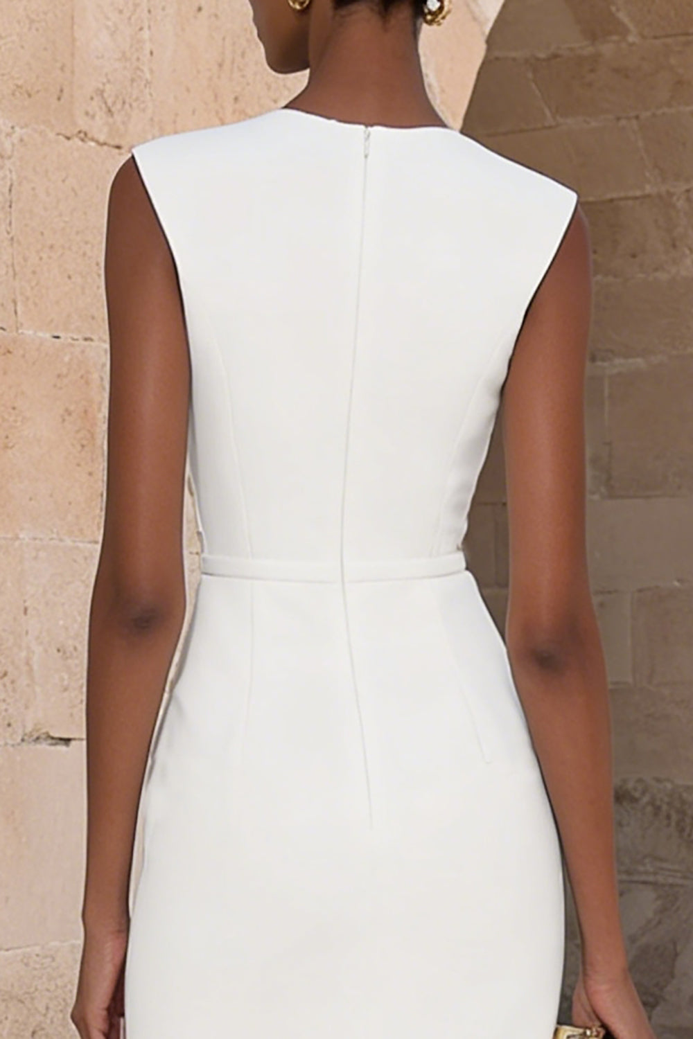 Ivory Crew Neck Pencil Midi Work Dress with Buttons