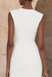 Ivory Crew Neck Pencil Midi Work Dress with Buttons