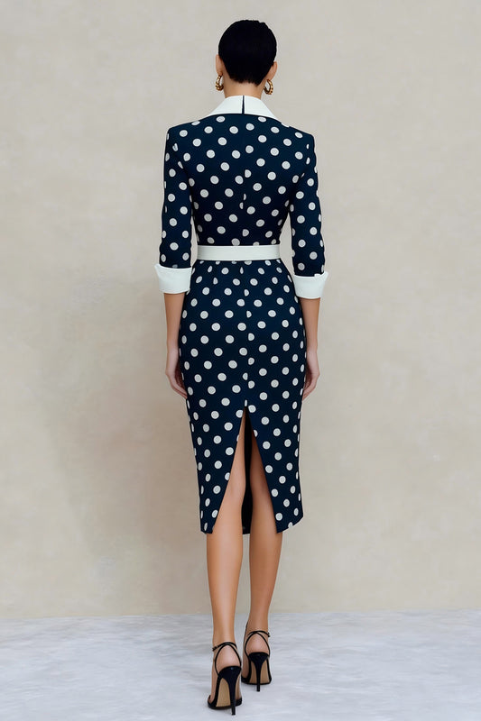 Navy and White Dots Notched Lapel Pencil Midi Blazer Dress with Belt