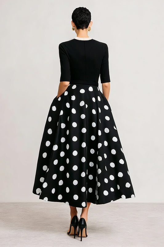 Black and White Polka Dots Short Sleeves A Line Work Dress with Bow