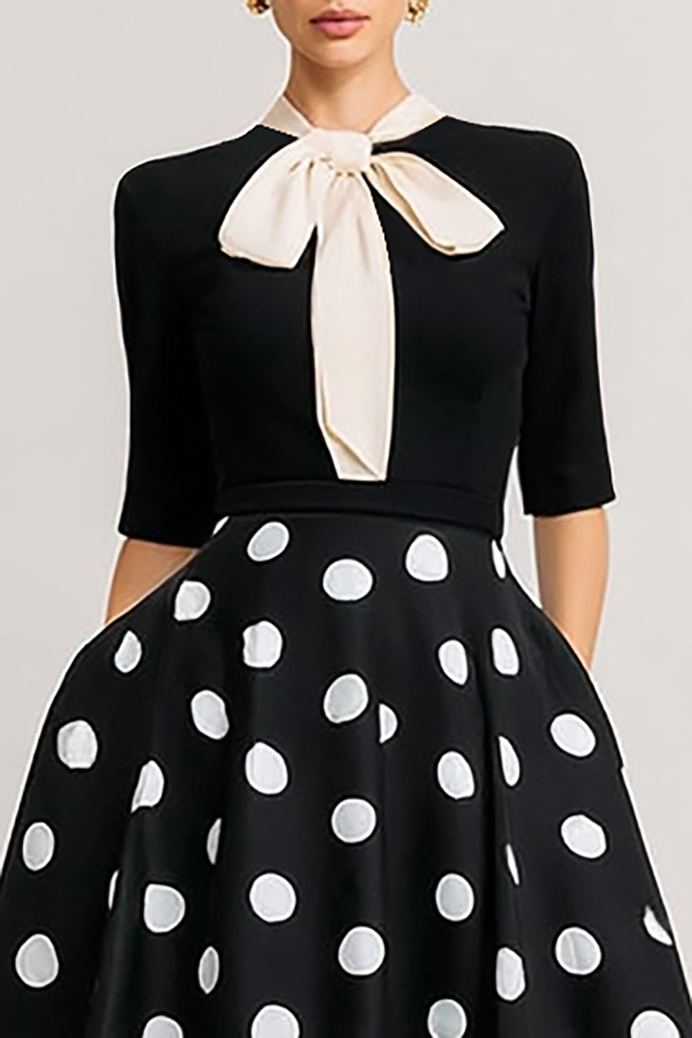 Black and White Polka Dots Short Sleeves A Line Work Dress with Bow