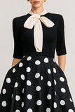 Black and White Polka Dots Short Sleeves A Line Work Dress with Bow
